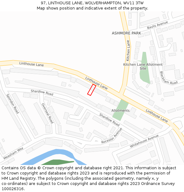 97, LINTHOUSE LANE, WOLVERHAMPTON, WV11 3TW: Location map and indicative extent of plot