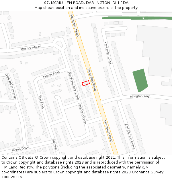 97, MCMULLEN ROAD, DARLINGTON, DL1 1DA: Location map and indicative extent of plot