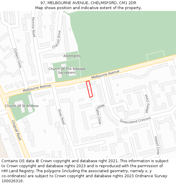 97, MELBOURNE AVENUE, CHELMSFORD, CM1 2DR: Location map and indicative extent of plot