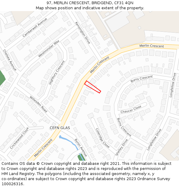 97, MERLIN CRESCENT, BRIDGEND, CF31 4QN: Location map and indicative extent of plot