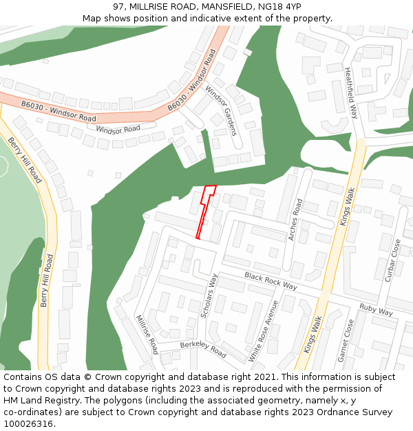 97, MILLRISE ROAD, MANSFIELD, NG18 4YP: Location map and indicative extent of plot