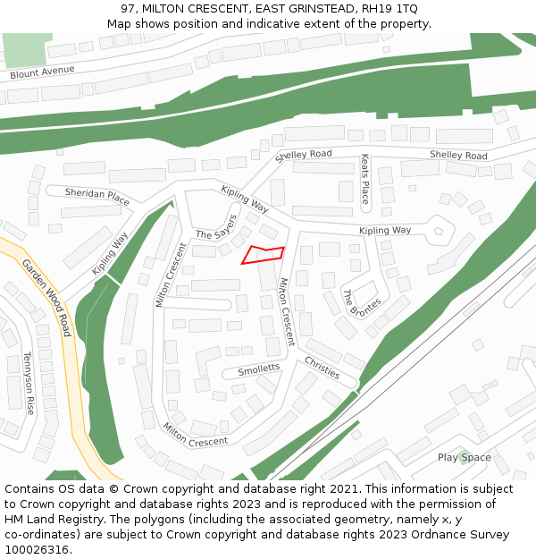97, MILTON CRESCENT, EAST GRINSTEAD, RH19 1TQ: Location map and indicative extent of plot