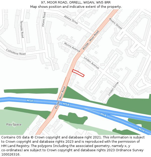 97, MOOR ROAD, ORRELL, WIGAN, WN5 8RR: Location map and indicative extent of plot