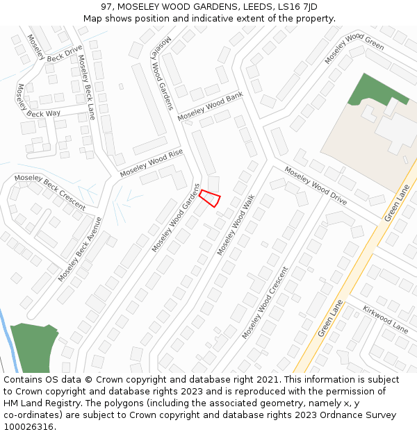 97, MOSELEY WOOD GARDENS, LEEDS, LS16 7JD: Location map and indicative extent of plot
