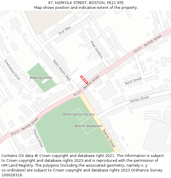 97, NORFOLK STREET, BOSTON, PE21 9TE: Location map and indicative extent of plot