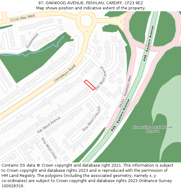 97, OAKWOOD AVENUE, PENYLAN, CARDIFF, CF23 9EZ: Location map and indicative extent of plot
