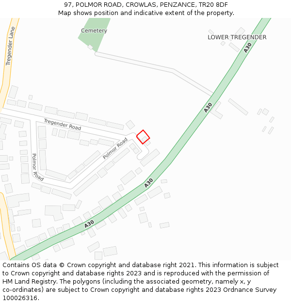 97, POLMOR ROAD, CROWLAS, PENZANCE, TR20 8DF: Location map and indicative extent of plot