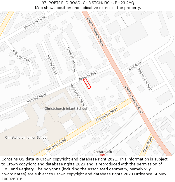 97, PORTFIELD ROAD, CHRISTCHURCH, BH23 2AQ: Location map and indicative extent of plot