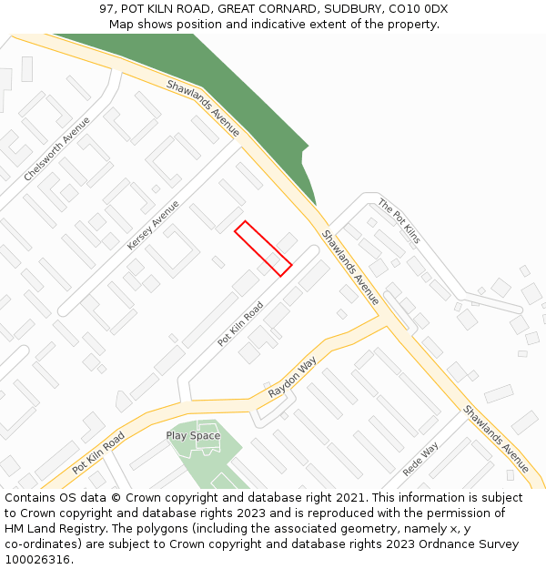 97, POT KILN ROAD, GREAT CORNARD, SUDBURY, CO10 0DX: Location map and indicative extent of plot