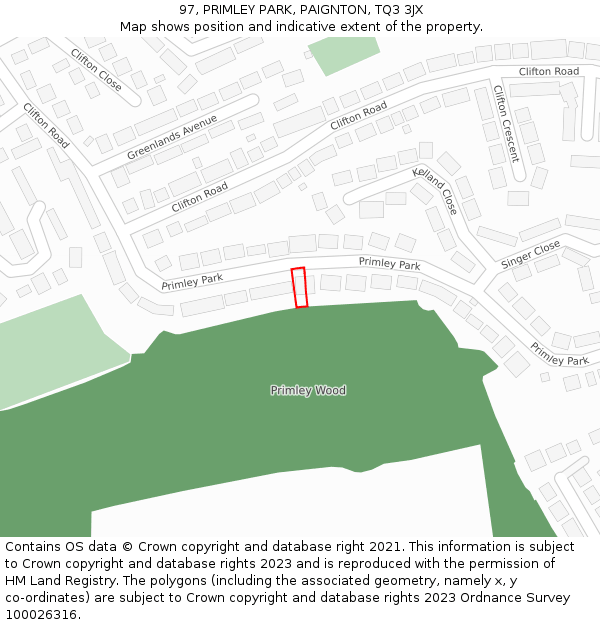 97, PRIMLEY PARK, PAIGNTON, TQ3 3JX: Location map and indicative extent of plot