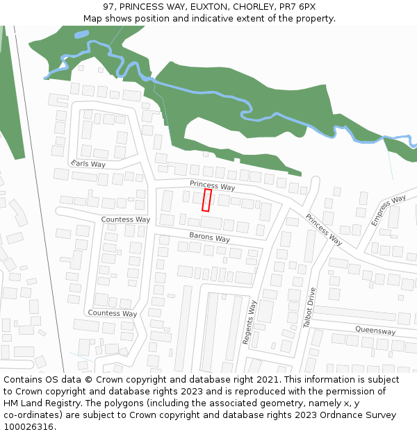 97, PRINCESS WAY, EUXTON, CHORLEY, PR7 6PX: Location map and indicative extent of plot