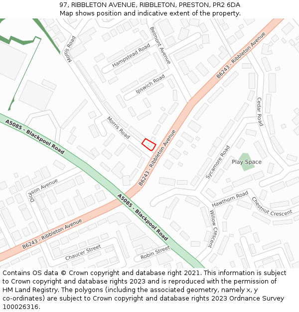 97, RIBBLETON AVENUE, RIBBLETON, PRESTON, PR2 6DA: Location map and indicative extent of plot