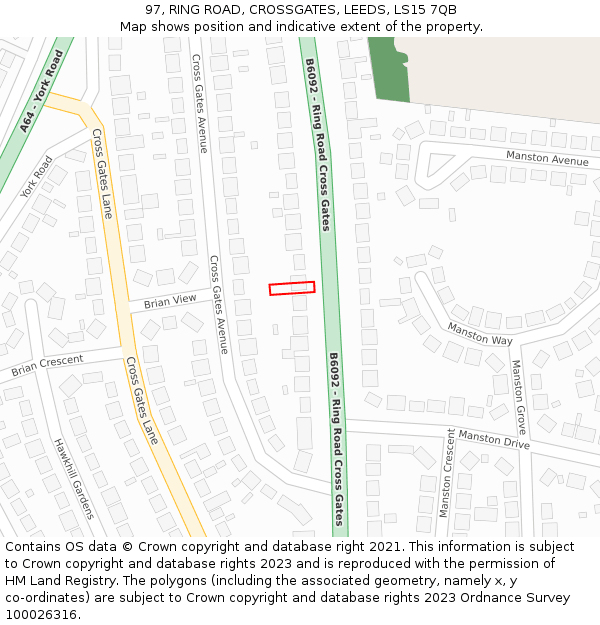97, RING ROAD, CROSSGATES, LEEDS, LS15 7QB: Location map and indicative extent of plot