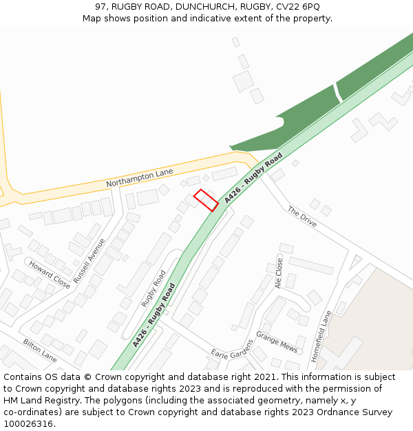 97, RUGBY ROAD, DUNCHURCH, RUGBY, CV22 6PQ: Location map and indicative extent of plot