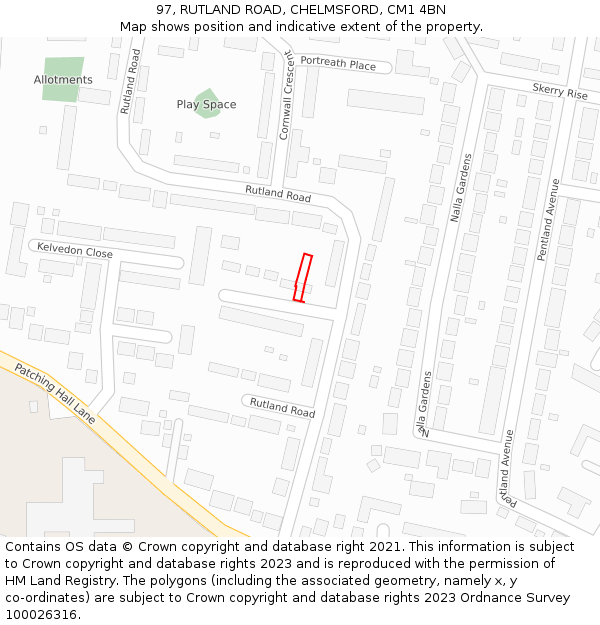 97, RUTLAND ROAD, CHELMSFORD, CM1 4BN: Location map and indicative extent of plot