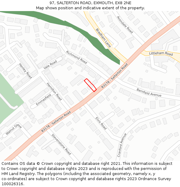 97, SALTERTON ROAD, EXMOUTH, EX8 2NE: Location map and indicative extent of plot