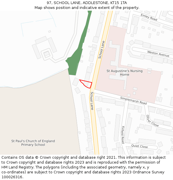 97, SCHOOL LANE, ADDLESTONE, KT15 1TA: Location map and indicative extent of plot
