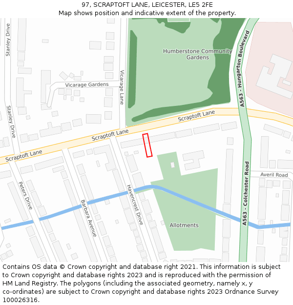 97, SCRAPTOFT LANE, LEICESTER, LE5 2FE: Location map and indicative extent of plot