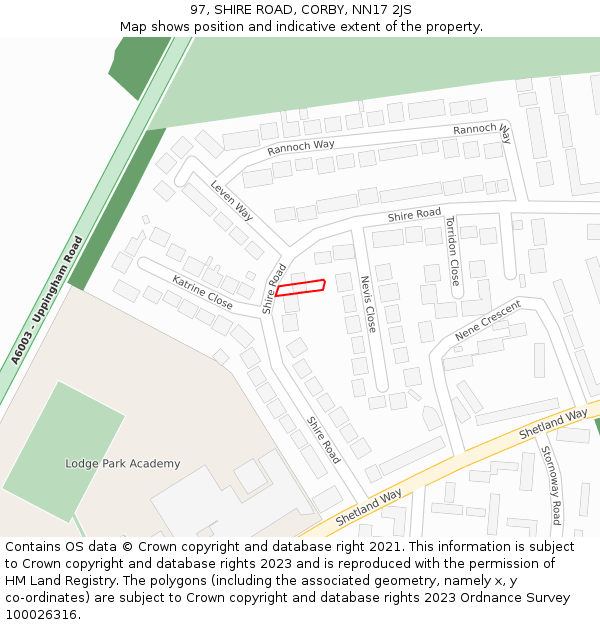 97, SHIRE ROAD, CORBY, NN17 2JS: Location map and indicative extent of plot