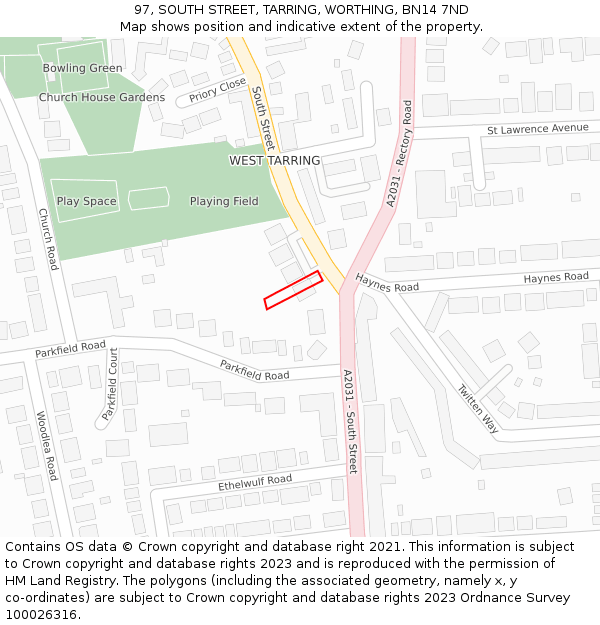 97, SOUTH STREET, TARRING, WORTHING, BN14 7ND: Location map and indicative extent of plot