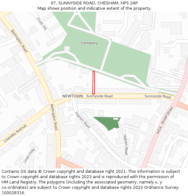 97, SUNNYSIDE ROAD, CHESHAM, HP5 2AP: Location map and indicative extent of plot