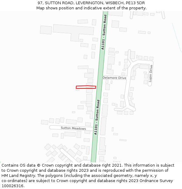 97, SUTTON ROAD, LEVERINGTON, WISBECH, PE13 5DR: Location map and indicative extent of plot