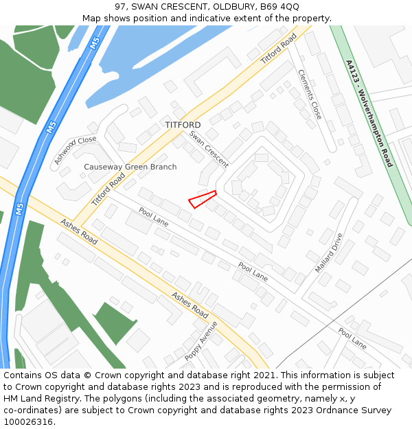 97, SWAN CRESCENT, OLDBURY, B69 4QQ: Location map and indicative extent of plot