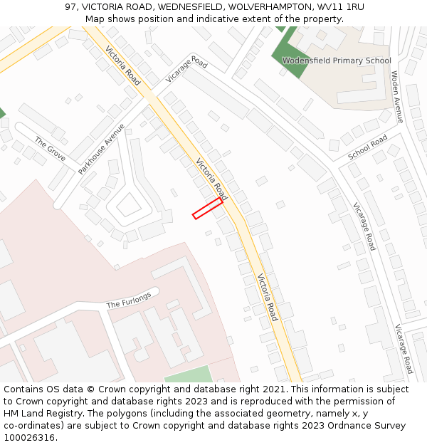 97, VICTORIA ROAD, WEDNESFIELD, WOLVERHAMPTON, WV11 1RU: Location map and indicative extent of plot