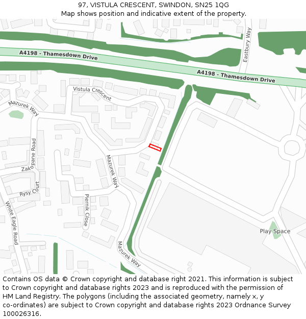 97, VISTULA CRESCENT, SWINDON, SN25 1QG: Location map and indicative extent of plot
