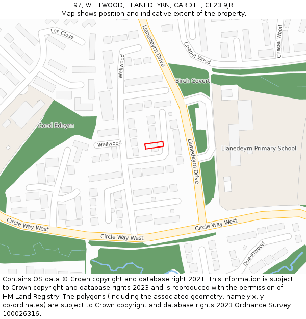 97, WELLWOOD, LLANEDEYRN, CARDIFF, CF23 9JR: Location map and indicative extent of plot