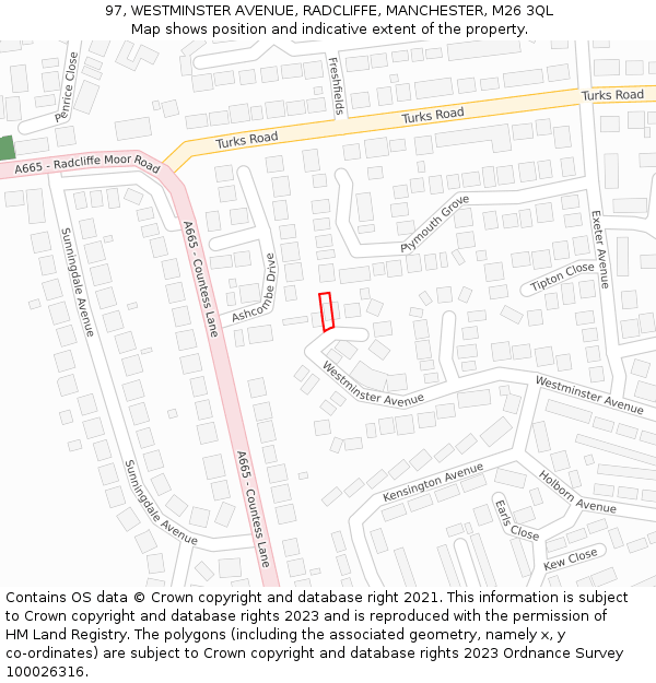 97, WESTMINSTER AVENUE, RADCLIFFE, MANCHESTER, M26 3QL: Location map and indicative extent of plot