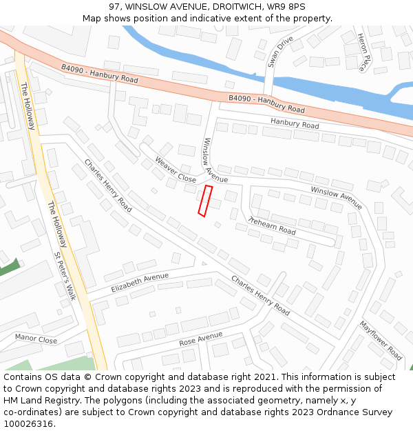 97, WINSLOW AVENUE, DROITWICH, WR9 8PS: Location map and indicative extent of plot