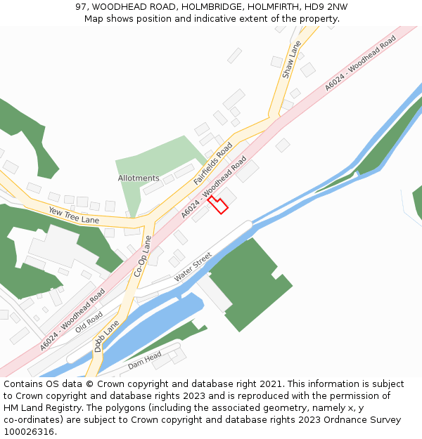 97, WOODHEAD ROAD, HOLMBRIDGE, HOLMFIRTH, HD9 2NW: Location map and indicative extent of plot