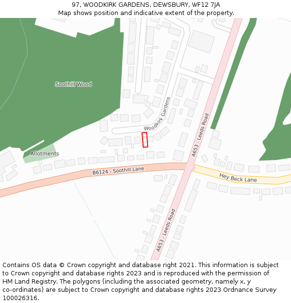 97, WOODKIRK GARDENS, DEWSBURY, WF12 7JA: Location map and indicative extent of plot