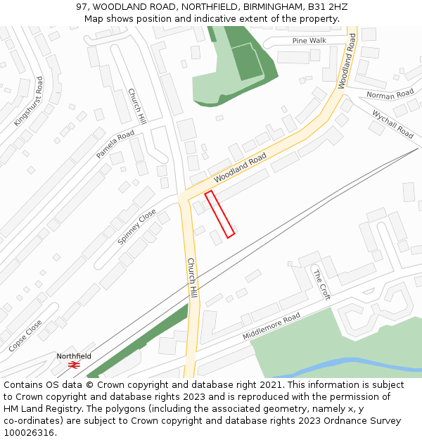 97, WOODLAND ROAD, NORTHFIELD, BIRMINGHAM, B31 2HZ: Location map and indicative extent of plot