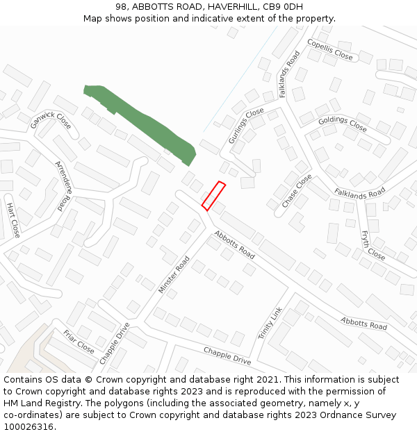 98, ABBOTTS ROAD, HAVERHILL, CB9 0DH: Location map and indicative extent of plot