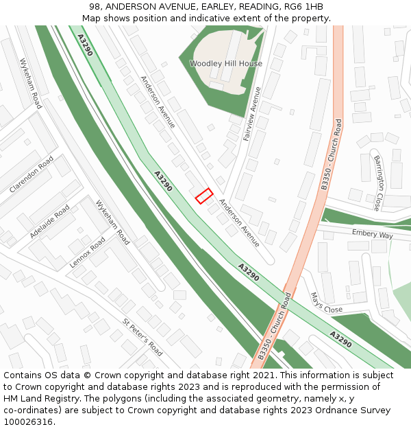 98, ANDERSON AVENUE, EARLEY, READING, RG6 1HB: Location map and indicative extent of plot