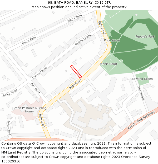 98, BATH ROAD, BANBURY, OX16 0TR: Location map and indicative extent of plot