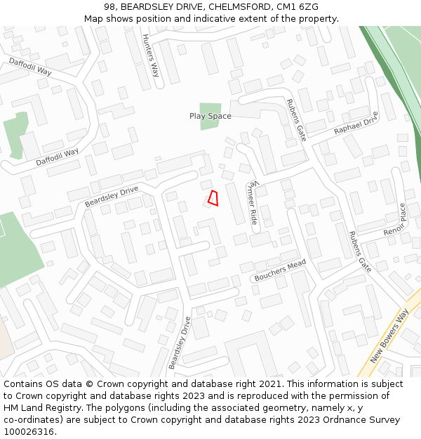 98, BEARDSLEY DRIVE, CHELMSFORD, CM1 6ZG: Location map and indicative extent of plot