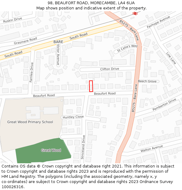 98, BEAUFORT ROAD, MORECAMBE, LA4 6UA: Location map and indicative extent of plot