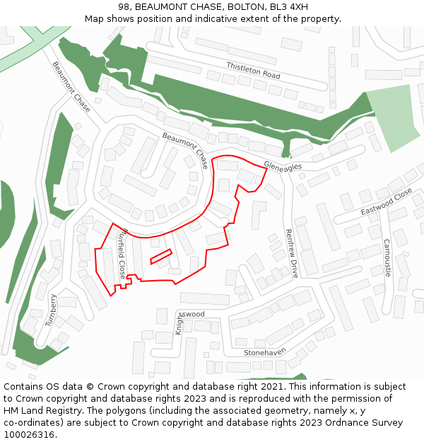 98, BEAUMONT CHASE, BOLTON, BL3 4XH: Location map and indicative extent of plot