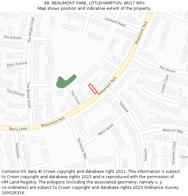 98, BEAUMONT PARK, LITTLEHAMPTON, BN17 6PH: Location map and indicative extent of plot