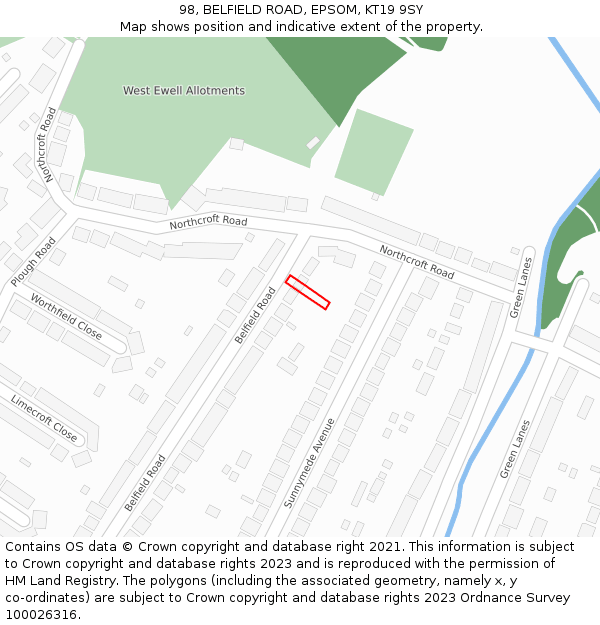 98, BELFIELD ROAD, EPSOM, KT19 9SY: Location map and indicative extent of plot