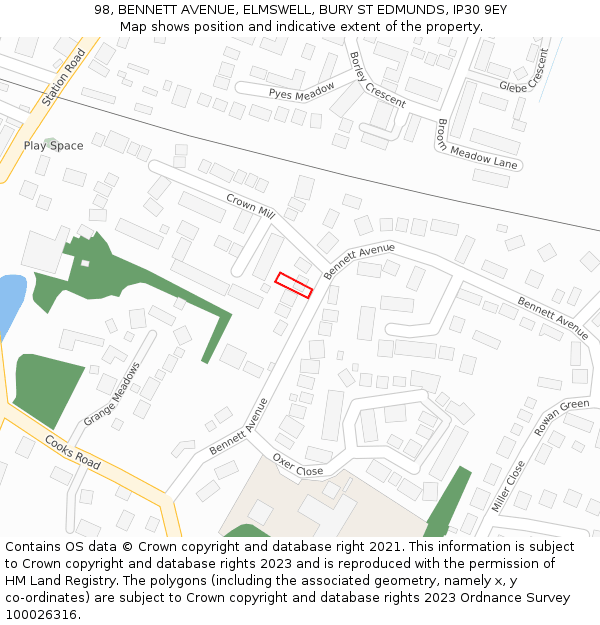 98, BENNETT AVENUE, ELMSWELL, BURY ST EDMUNDS, IP30 9EY: Location map and indicative extent of plot
