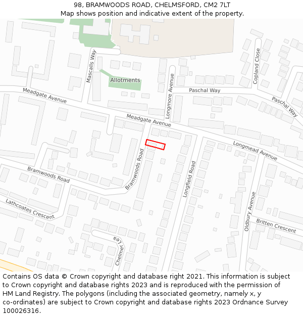 98, BRAMWOODS ROAD, CHELMSFORD, CM2 7LT: Location map and indicative extent of plot