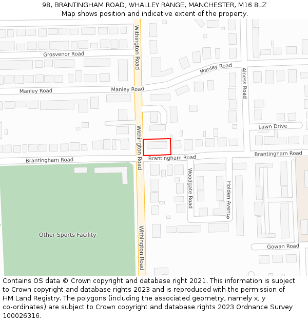 98, BRANTINGHAM ROAD, WHALLEY RANGE, MANCHESTER, M16 8LZ: Location map and indicative extent of plot