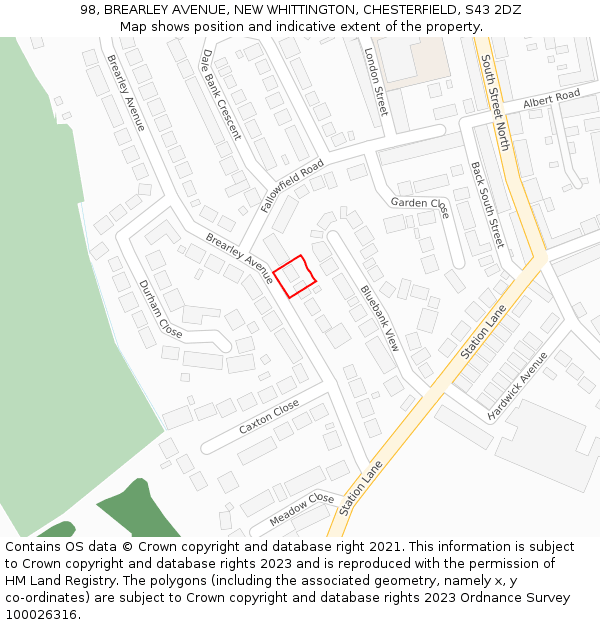 98, BREARLEY AVENUE, NEW WHITTINGTON, CHESTERFIELD, S43 2DZ: Location map and indicative extent of plot