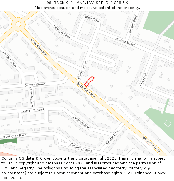 98, BRICK KILN LANE, MANSFIELD, NG18 5JX: Location map and indicative extent of plot