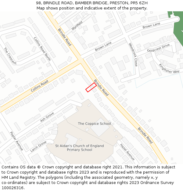 98, BRINDLE ROAD, BAMBER BRIDGE, PRESTON, PR5 6ZH: Location map and indicative extent of plot