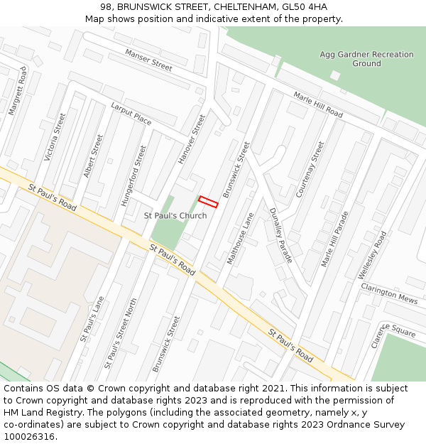 98, BRUNSWICK STREET, CHELTENHAM, GL50 4HA: Location map and indicative extent of plot